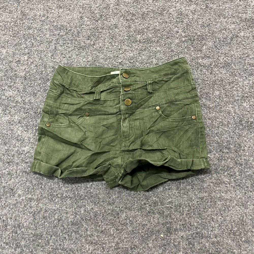 Love Fire Shorts Womens Size 1 Olive Green High Waisted Multi Button Fly Stretch